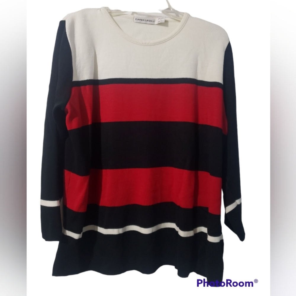 Karen Lessly Sweater, Size L, Black, Red, and Ivory, Very Soft